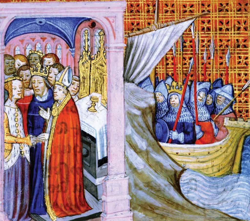 Eleanor of Aquitaine marrying Louis VII in 1137 (left scene) and Louis VII departing on the Second Crusade (1147), drawing from Les Chroniques de Saint-Denis, late 14th century.