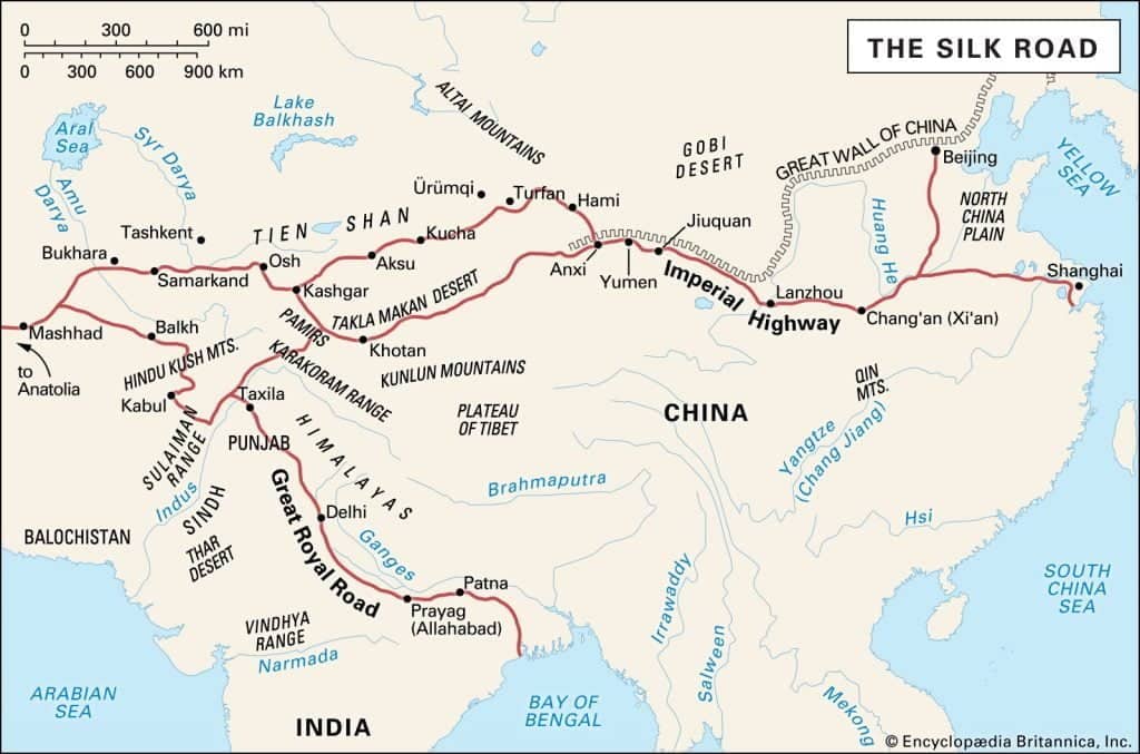 Map of the Silk Road in Asia.
