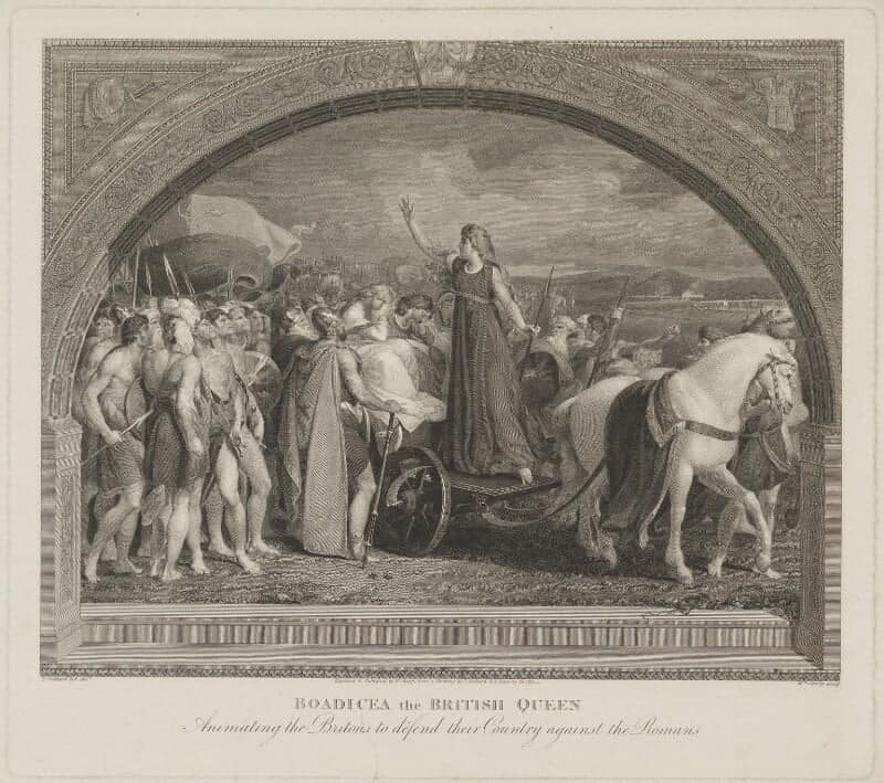 The Queen Boudicca stands atop a chariot being pulled by two white horses. She's surrounded by other Britons. The caption reads 