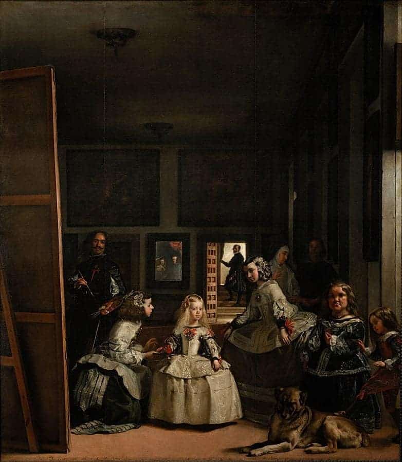 The famous painting Las Meninas by Diego Velázquez. A young girl is attended upon by her maids and two dwarves. The artist is behind them, and appearing in a mirror are her parents.