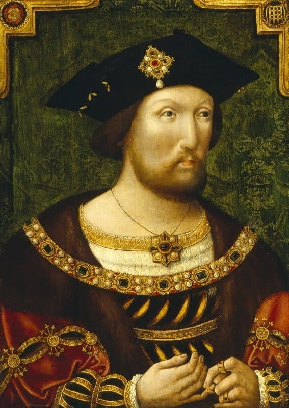 Portrait of King Henry VIII of England as a young man. He is looking towards the left off the painting. He wears a black hat with a golden square-shaped jewel with a ruby at the center surrounded by pearls. Hw also dons elegant brown clothing with red sleeves, a golden chain across his shoulders, and jeweled rings on his hands. It was painted around 1520.