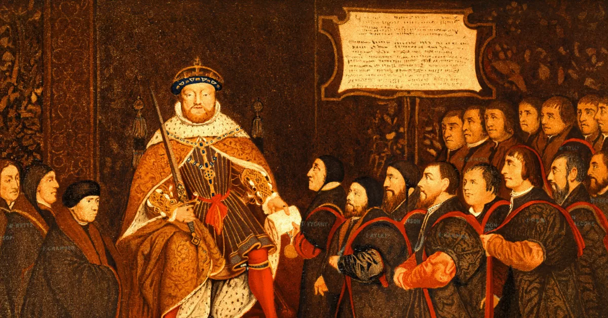 Henry VIII dressed in robes of state with a sword is surrounded by nobles.