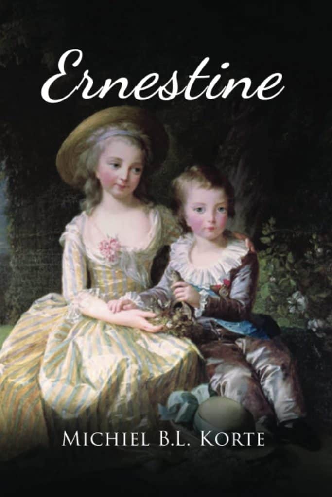 A book cover features two young girls dressed in elegant French clothing. Above them is the book title 