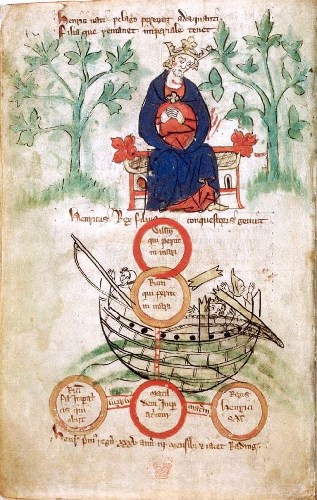 Medieval manuscript image where King Henry I sits on a throne at the top of the page between two trees. Beneath him is a sinking ship with a broken mainmast, depicting the tragedy that killed his son and many others.
