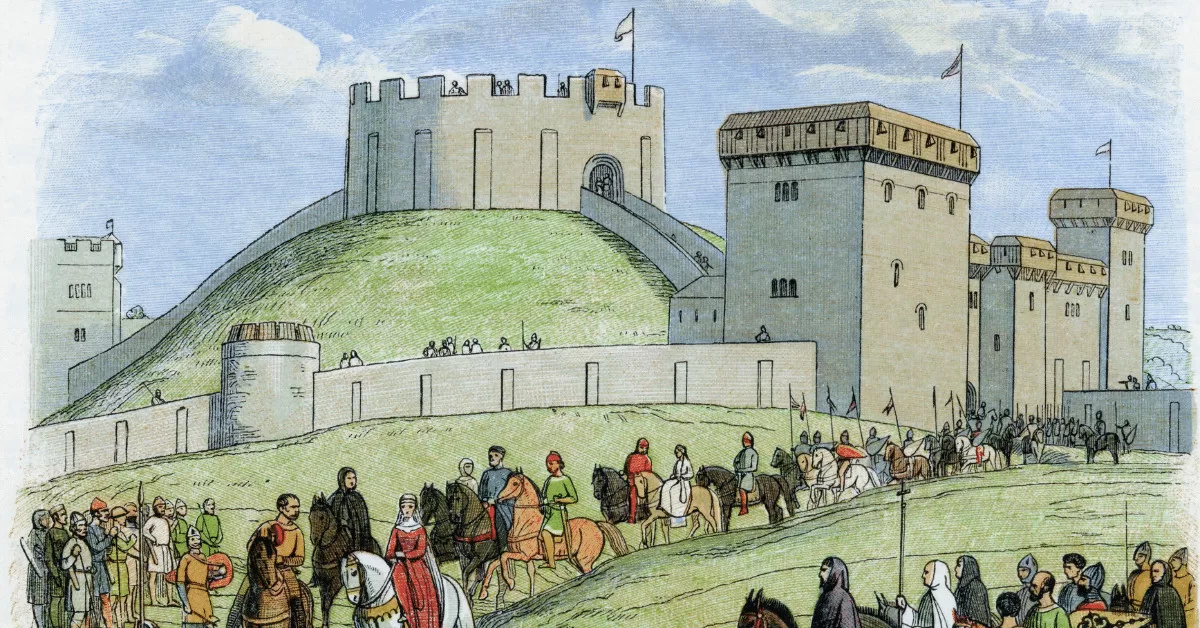 Wood engraving of Empress Matilda leaving Arundel Castle for Gloucester. A stream of people file away from a motte-and-bailey castle.