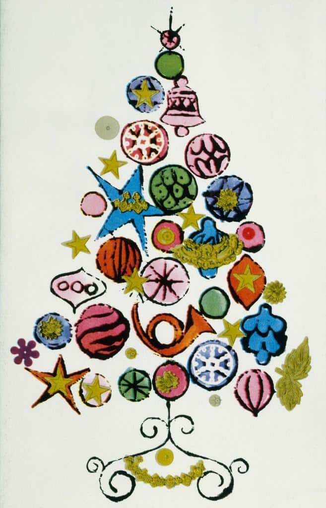 Andy Warhol postcard of ornaments that form a Christmas tree.