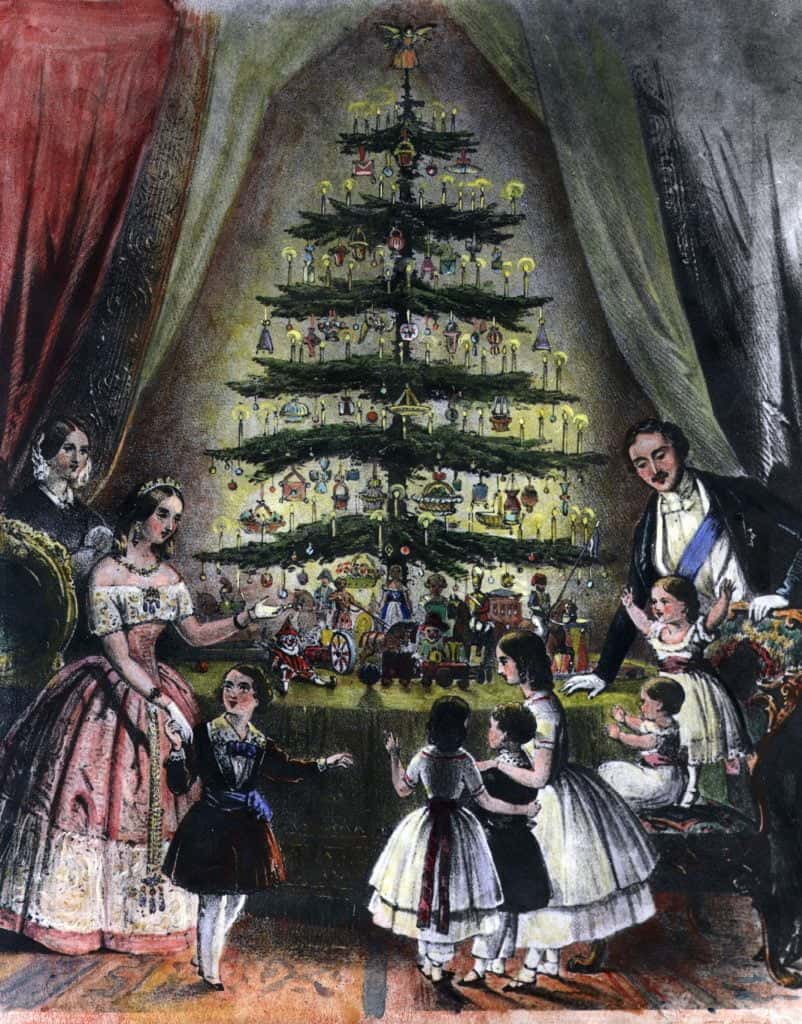 Queen Victoria, Prince Albert, and their children surround a decorated Christmas tree.