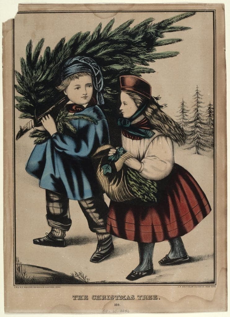 This hand colored print is of an outdoor winter scene. A full length view of a boy and girl. The boy is carrying a Christmas tree over his right shoulder, the girl is carrying a basket of greens. Both are wearing simple, every day outdoor dress topped with hats, the boy's with a tassel. German-Americans brought with them the tradition of the Christmas tree and by the middle of the 19th Century trees decorating trees had become popular in both England and the United States.