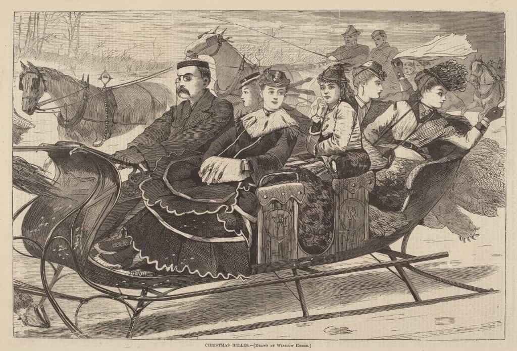 Five women ride in an open sleigh driven by a man. Some are looking behind them, as if they are participating in a race.