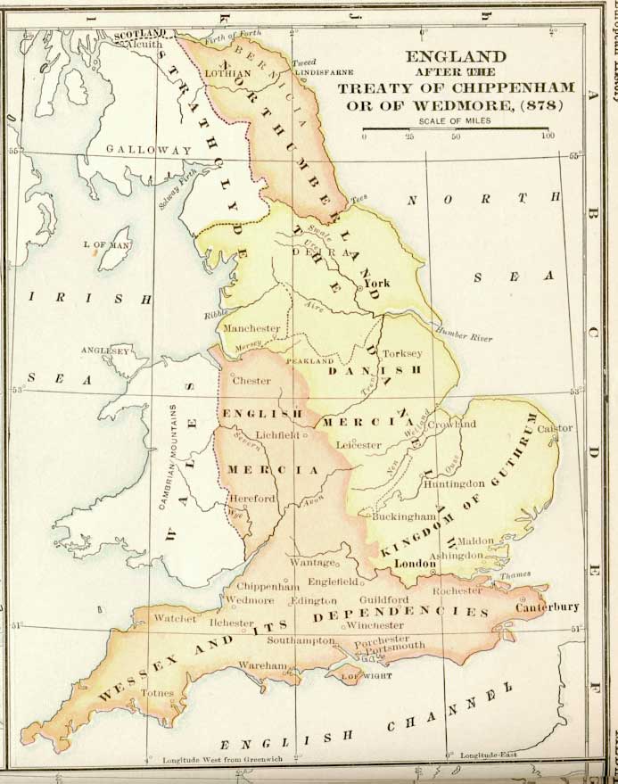 England and Wales at the time of the Treaty of Chippenham in 878 CE.