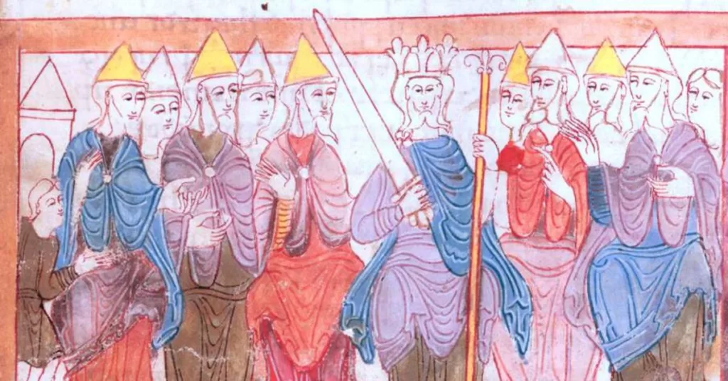 An Anglo-Saxon king and his witan (council). Dressed in blue, the king sits in the middle holding a sword. His council sits on either side of him.