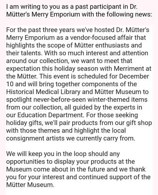 Email sent to Dr. Mütter’s Merry Emporium in which the museum details that they’ve replaced the event with their own “Merriment at the Mütter”.