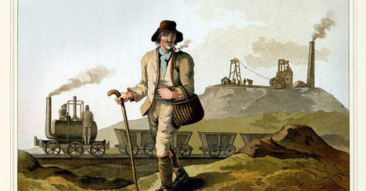 Vintage colour engraving of a Yorkshire Coal Miner (Collier). This the background is an steam engine invented by Mr Blenkinsop, agent at the colliery of Charles Brandling, near Leeds, which conveys twenty waggons loaded with coal from the pits to Leeds. Yorkshire, England. The Costume of Yorkshire by George Walker, 1815.