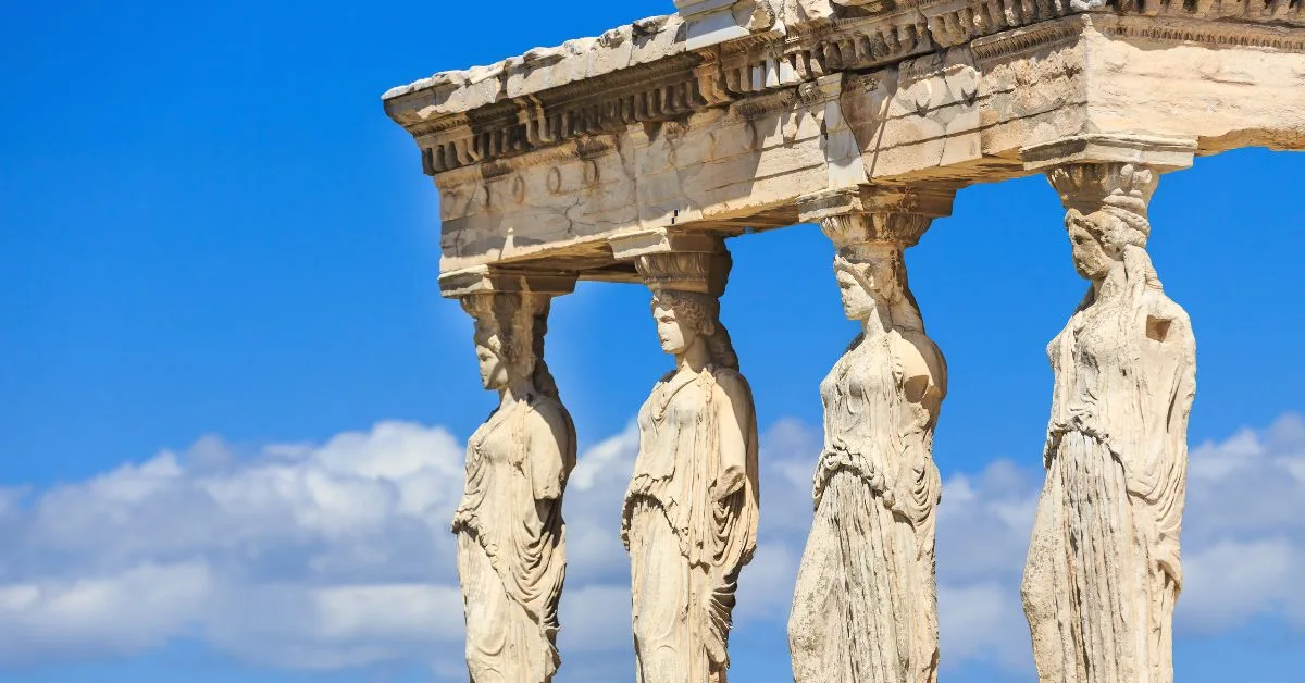 Detail of the south porch of the Erechtheion with the Caryatids of Ancient Greece.