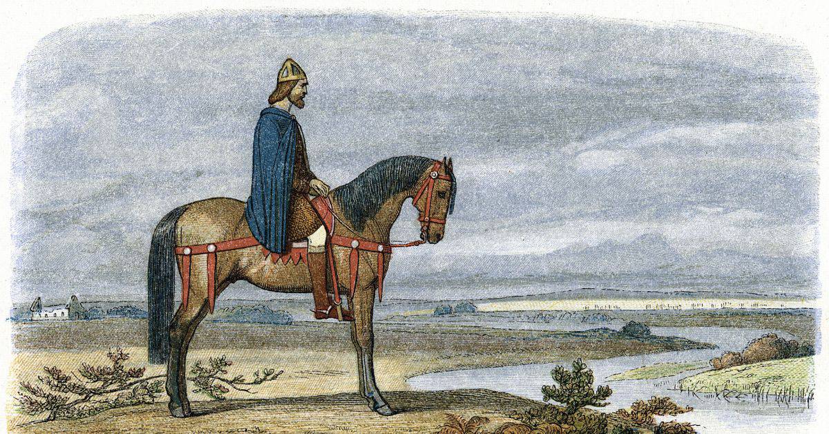 A drawing of King Alfred the Great riding a horse.